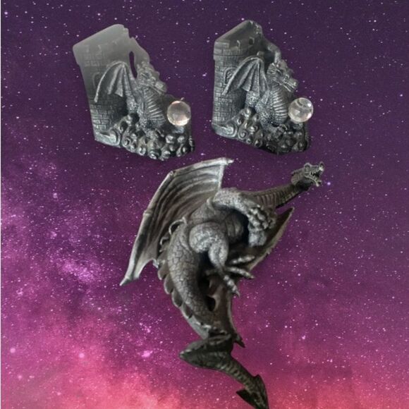 VTG Dragon bookends crystal globes and wall hanging plaque whimsigoth 90s globe - Picture 1 of 9